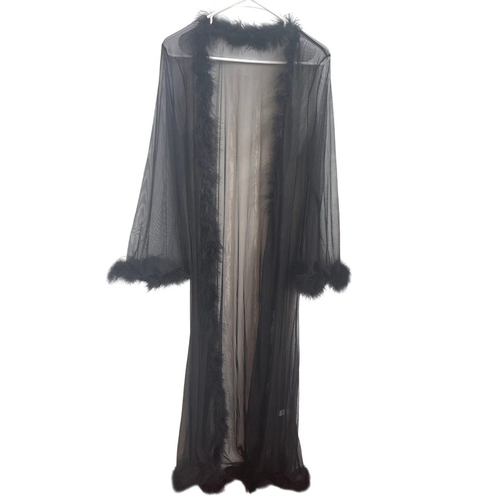 Black Sheer Mesh Feather Trim Maxi Duster Kimono Robe Coquette Boudoir Goth S